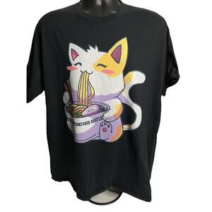 Cat Eating Ramen Graphic Tee - Cute Food Anime Style - 2XL Black T-Shirt